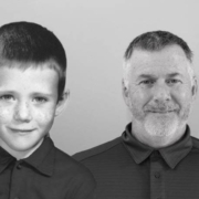 A photo of Mark Neese as a young boy next to a current photo of him.