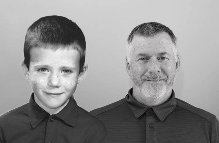 A photo of Mark Neese as a young boy next to a current photo of him.